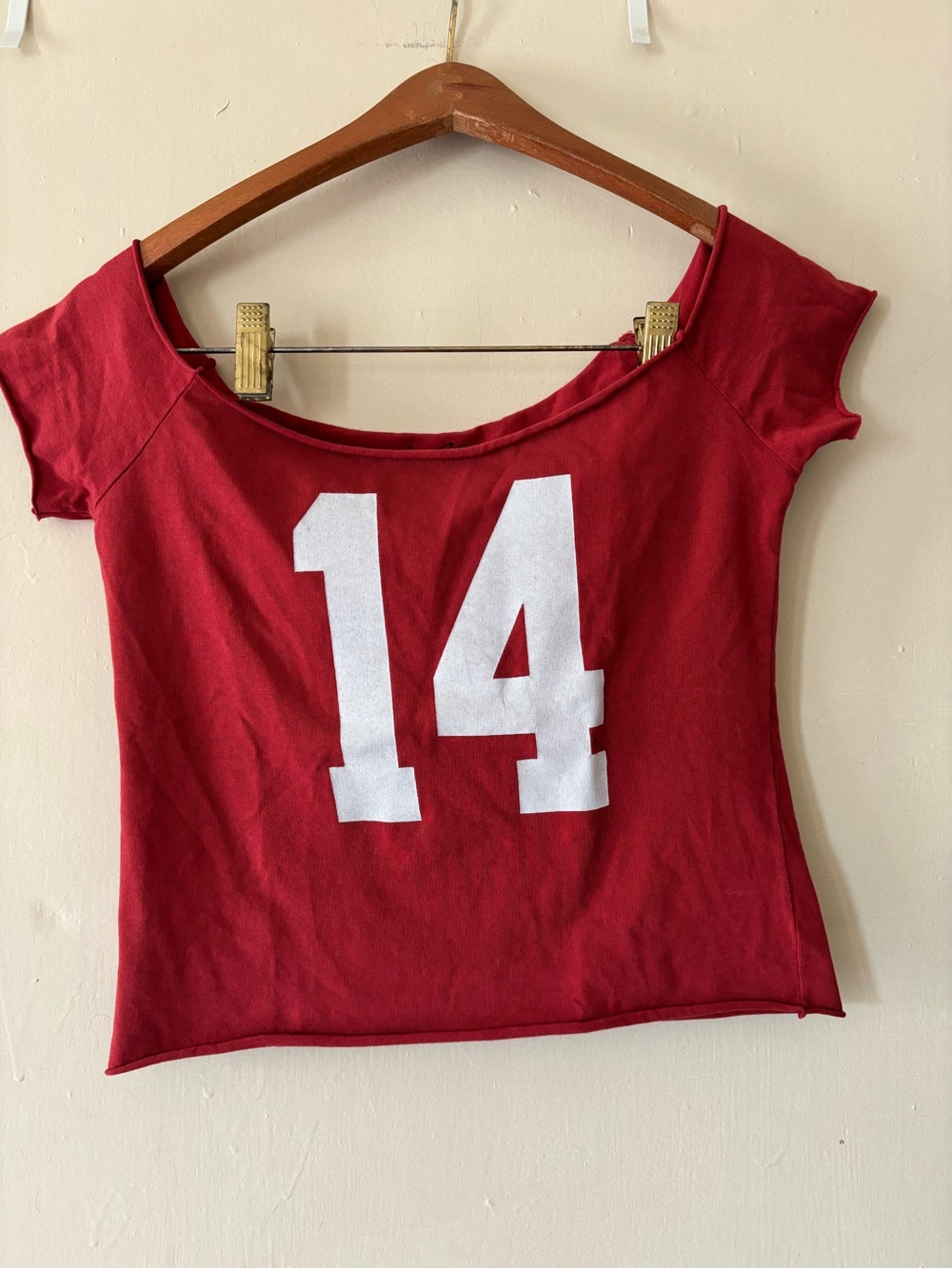 Brandy Melville Red Scoop Neck Crop Top with White '14' Graphic